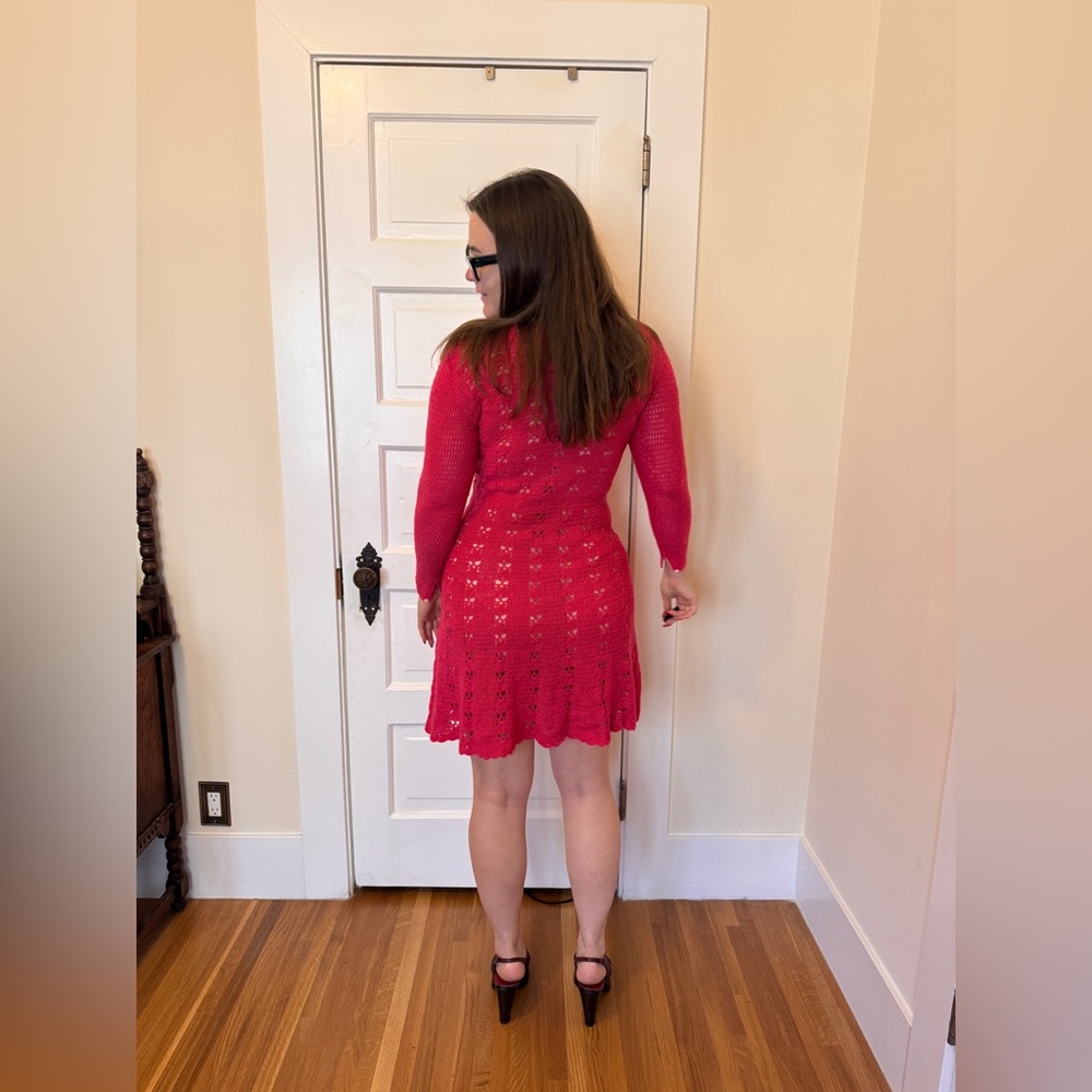 70s Vintage Pink Crochet Knit Dress w Heart Buttons Sz Sm - Picture 2 of 10